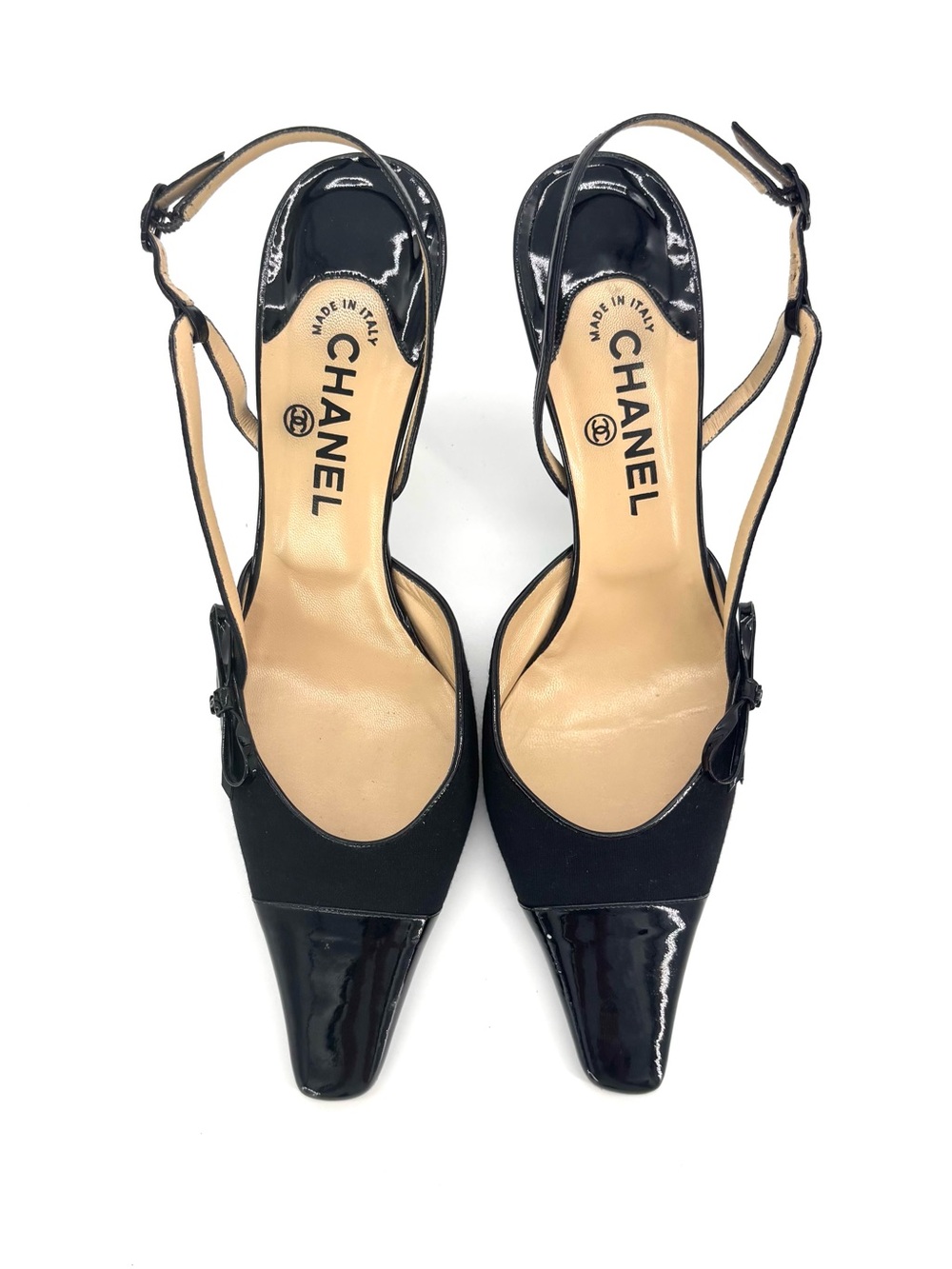 Chanel Vintage Bow CC Cap Toe Jersey Patent Pointed Toe Slingback Pumps 40 - Picture 8 of 10